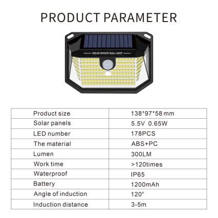 LED solcell väggbelysning med sensor LED/4W/5,5V IP65 1200 mAh