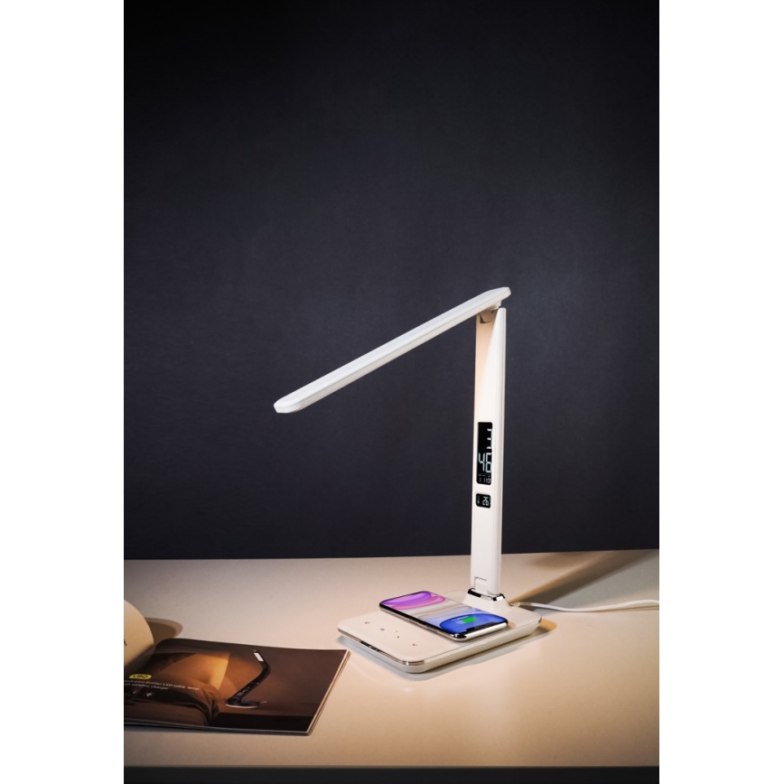 LED-dimbar bordslampa med QI trådlös laddning och USB KINGFISHER LED/8,5W/230V vit