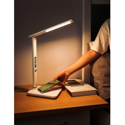 LED-dimbar bordslampa med QI trådlös laddning och USB KINGFISHER LED/8,5W/230V vit