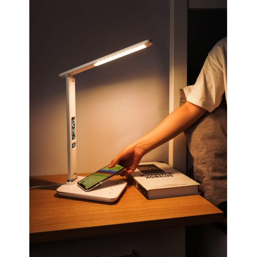LED-dimbar bordslampa med QI trådlös laddning och USB KINGFISHER LED/8,5W/230V vit
