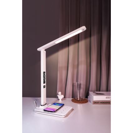 LED-dimbar bordslampa med QI trådlös laddning och USB KINGFISHER LED/8,5W/230V vit
