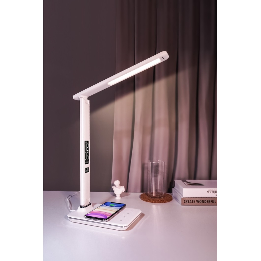 LED-dimbar bordslampa med QI trådlös laddning och USB KINGFISHER LED/8,5W/230V vit