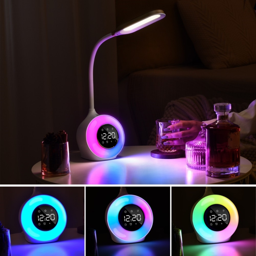 LED RGBW Ljusreglerad bordslampa med väckarklocka FALCON LED/10W/12V