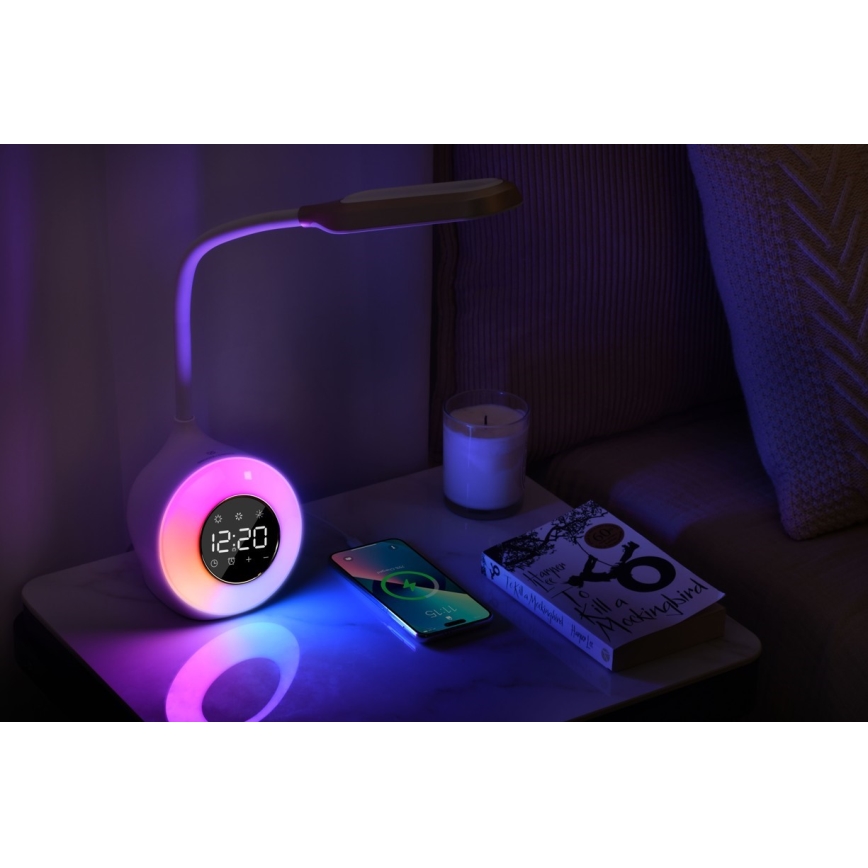 LED RGBW Ljusreglerad bordslampa med väckarklocka FALCON LED/10W/12V