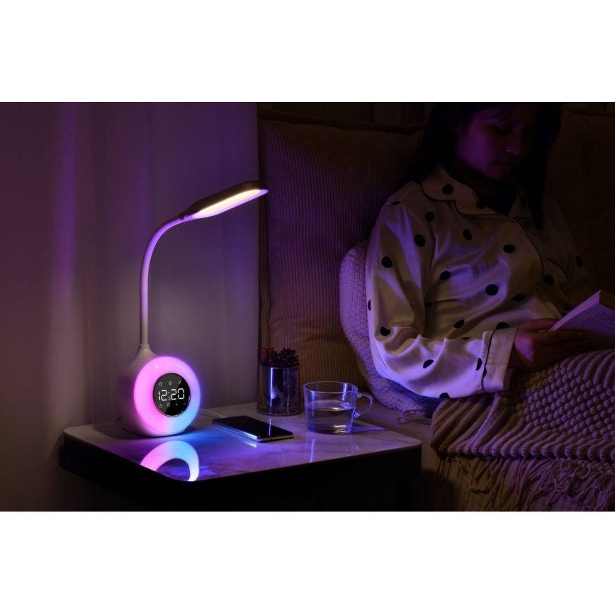 LED RGBW Ljusreglerad bordslampa med väckarklocka FALCON LED/10W/12V