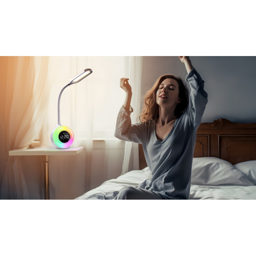 LED RGBW Ljusreglerad bordslampa med väckarklocka FALCON LED/10W/12V