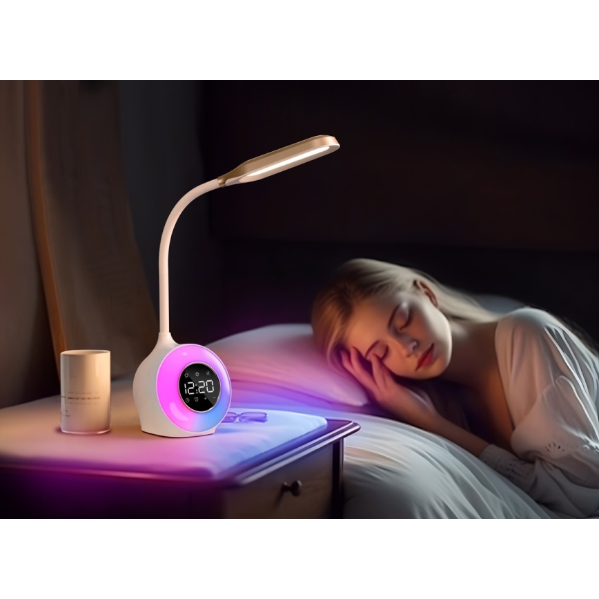 LED RGBW Ljusreglerad bordslampa med väckarklocka FALCON LED/10W/12V