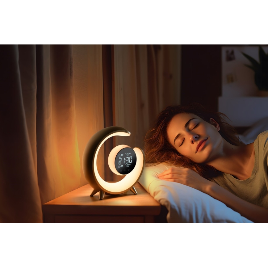 LED RGBW Ljusreglerad bordslampa med väckarklocka PEACOCK LED/20W/5V USB