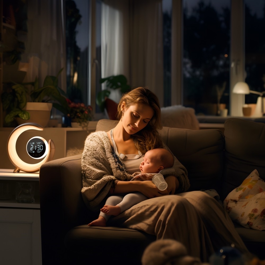 LED RGBW Ljusreglerad bordslampa med väckarklocka PEACOCK LED/20W/5V USB
