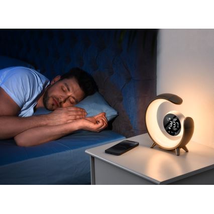 LED RGBW Ljusreglerad bordslampa med väckarklocka PEACOCK LED/20W/5V USB
