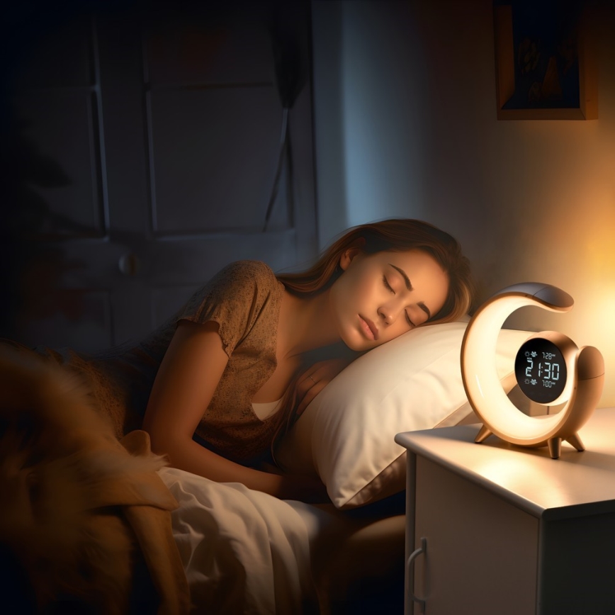 LED RGBW Ljusreglerad bordslampa med väckarklocka PEACOCK LED/20W/5V USB