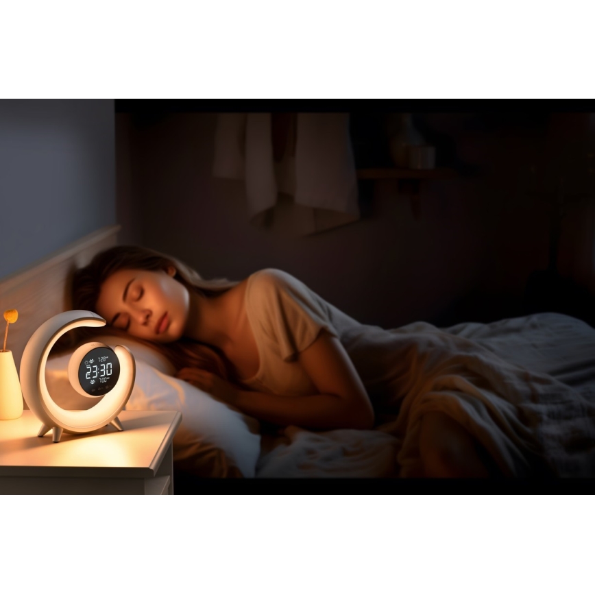 LED RGBW Ljusreglerad bordslampa med väckarklocka PEACOCK LED/20W/5V USB