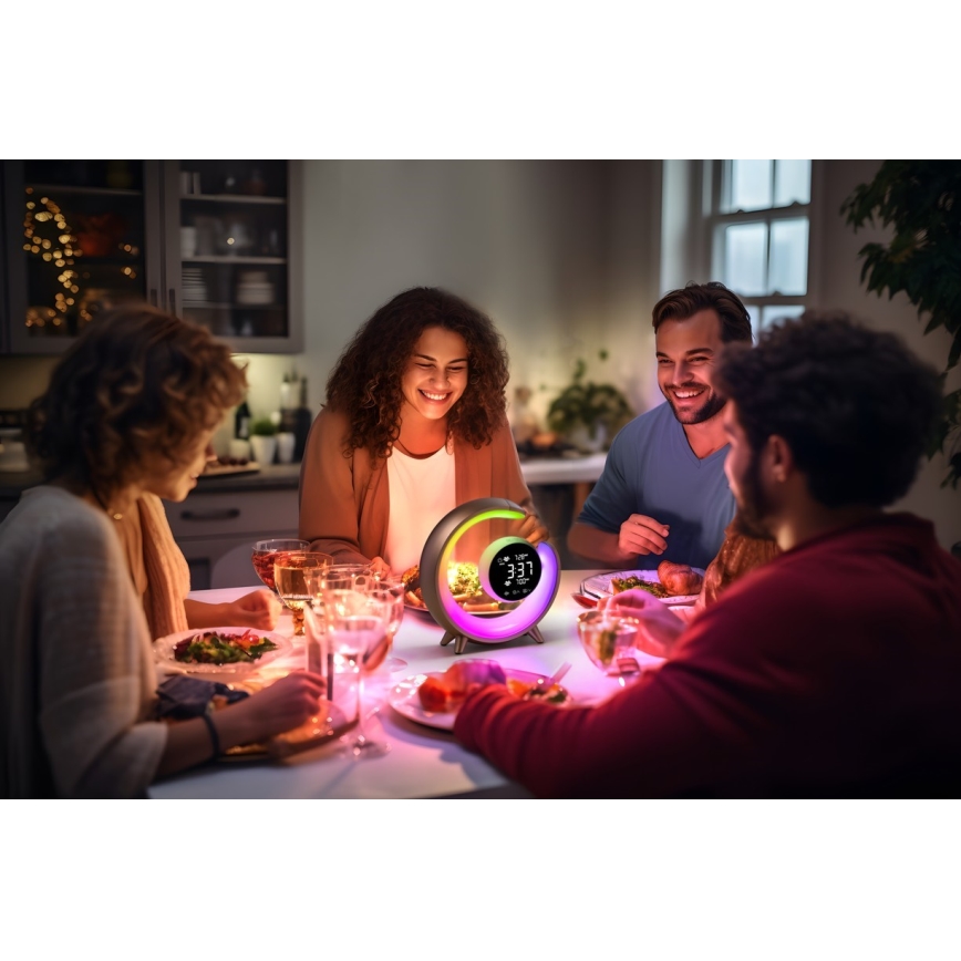 LED RGBW Ljusreglerad bordslampa med väckarklocka PEACOCK LED/20W/5V USB
