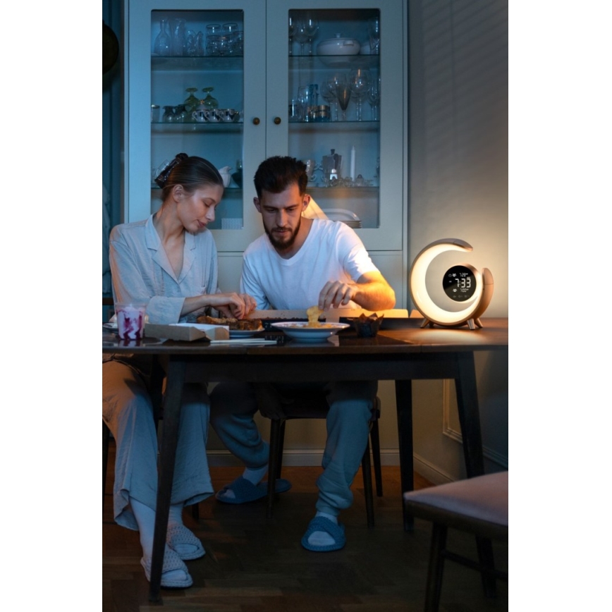 LED RGBW Ljusreglerad bordslampa med väckarklocka PEACOCK LED/20W/5V USB