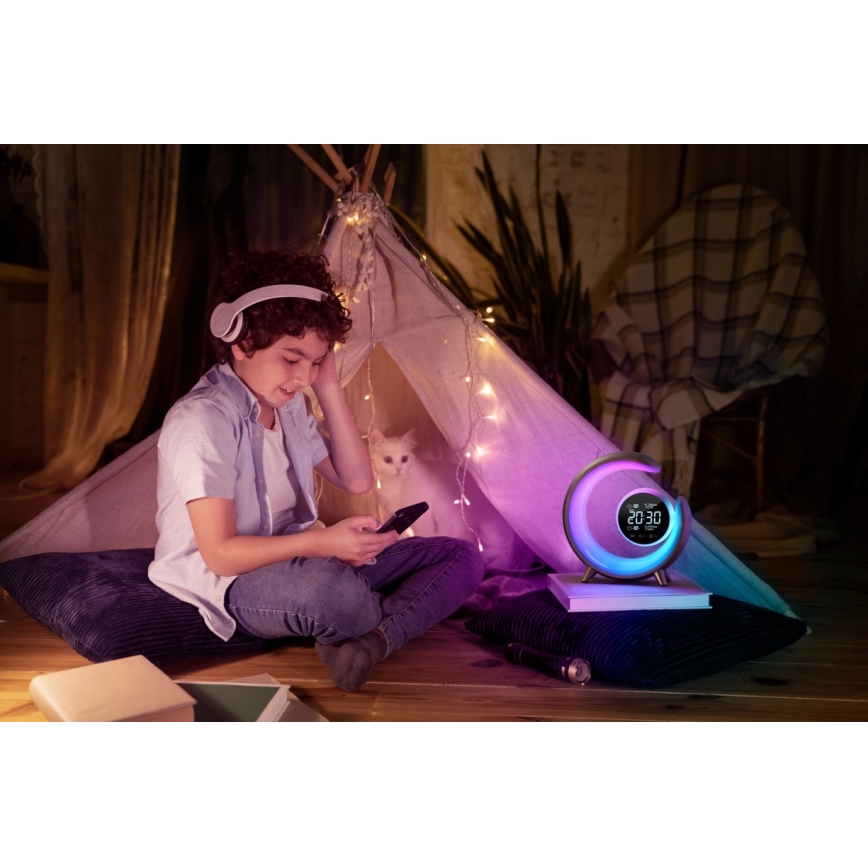 LED RGBW Ljusreglerad bordslampa med väckarklocka PEACOCK LED/20W/5V USB