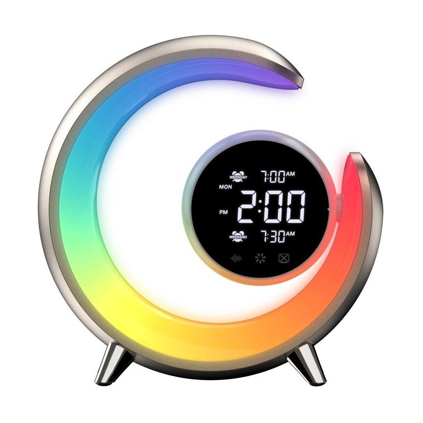 LED RGBW Ljusreglerad bordslampa med väckarklocka PEACOCK LED/20W/5V USB