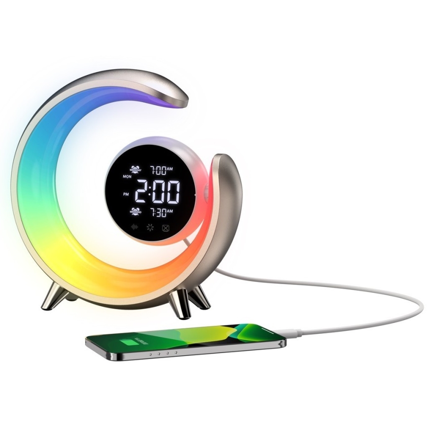 LED RGBW Ljusreglerad bordslampa med väckarklocka PEACOCK LED/20W/5V USB