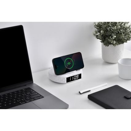 Väckarklocka med LCD display och trådlös Qi laddare 27W/9V vit