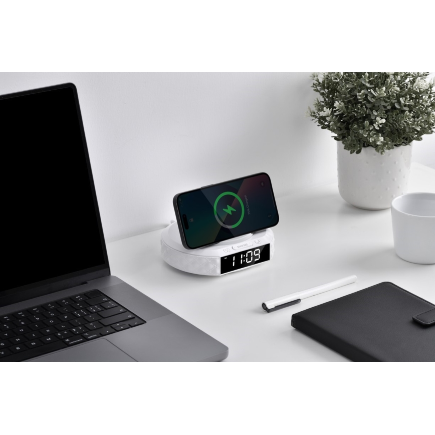 Väckarklocka med LCD display och trådlös Qi laddare 27W/9V vit
