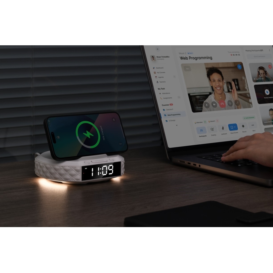 Väckarklocka med LCD display och trådlös Qi laddare 27W/9V vit