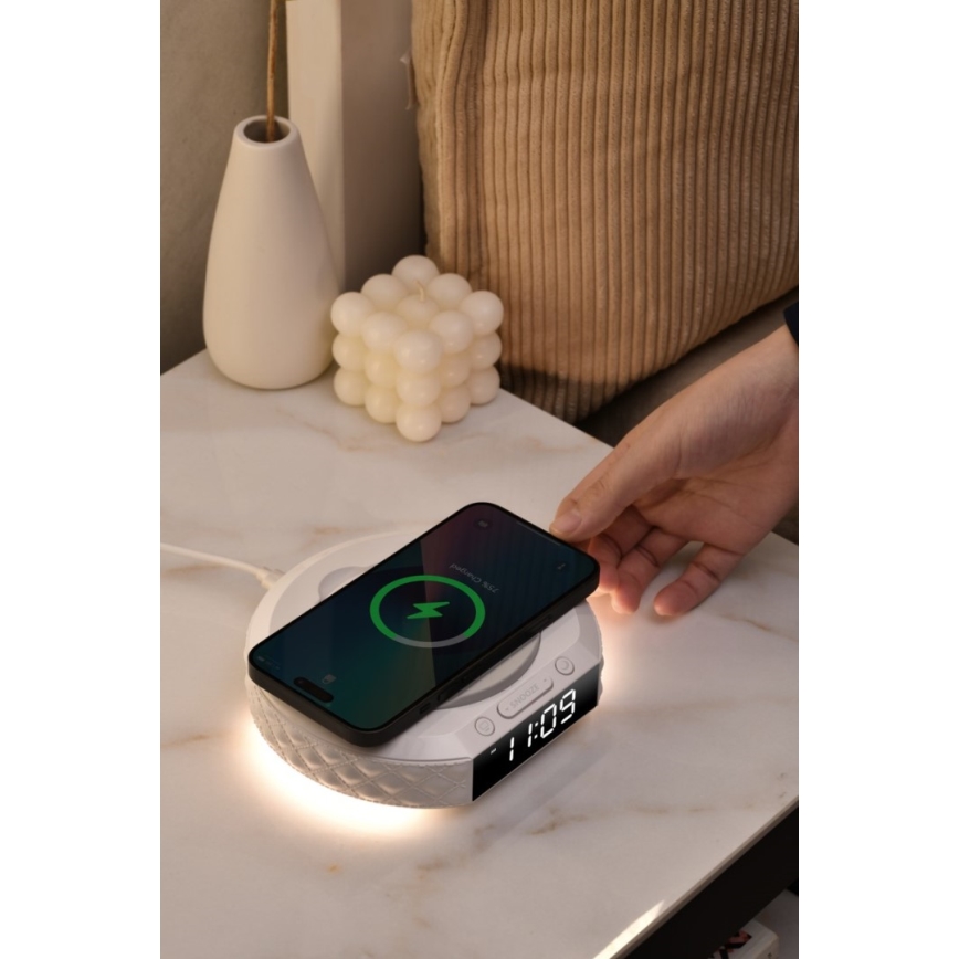 Väckarklocka med LCD display och trådlös Qi laddare 27W/9V vit