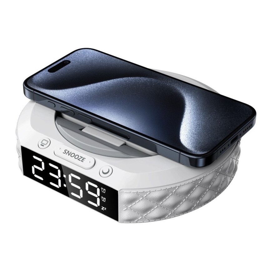 Väckarklocka med LCD display och trådlös Qi laddare 27W/9V vit