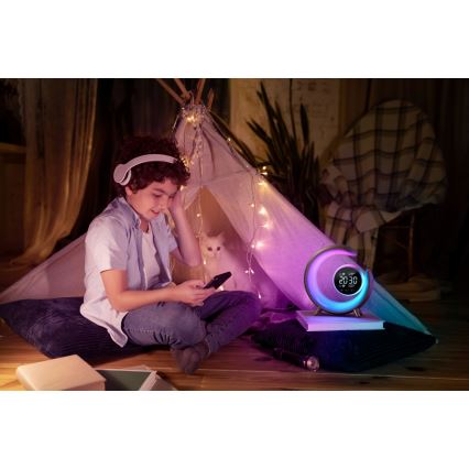 LED RGBW Dimbar nattlampa med väckarklocka LED/20W/5V USB silver