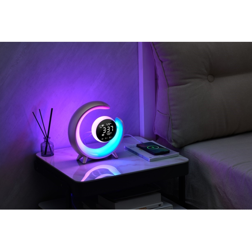 LED RGBW Dimbar nattlampa med väckarklocka LED/20W/5V USB silver