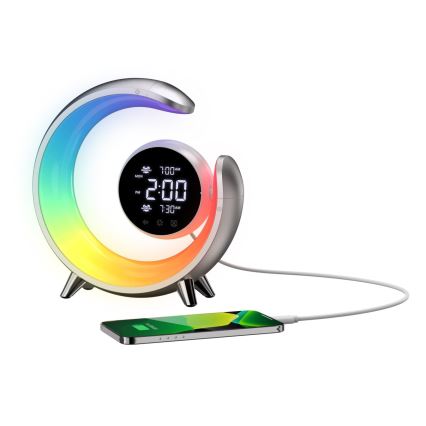 LED RGBW Dimbar nattlampa med väckarklocka LED/20W/5V USB silver