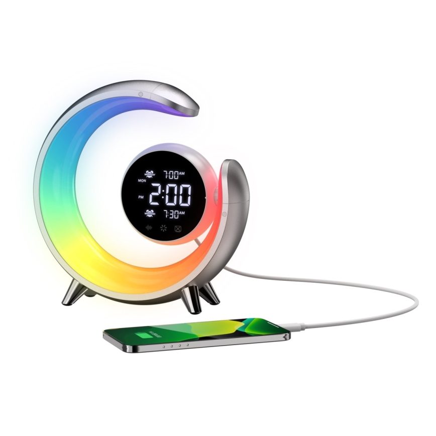 LED RGBW Dimbar nattlampa med väckarklocka LED/20W/5V USB silver