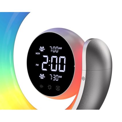 LED RGBW Dimbar nattlampa med väckarklocka LED/20W/5V USB silver