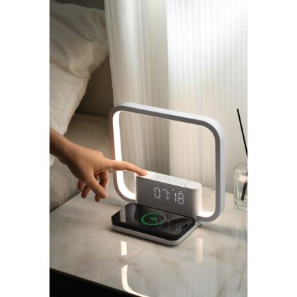 LED Dimbar nattlampa med väckarklocka och Qi laddar LED/18W/230V vit