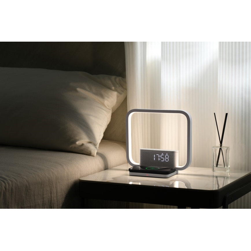 LED Dimbar nattlampa med väckarklocka och Qi laddar LED/18W/230V vit