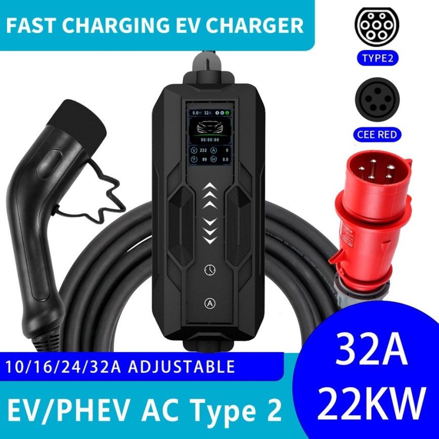 Immax - EV resladdstation för elbilar AC Typ 2 32A/380V 22kW 5m + fodral