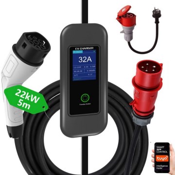 Immax - EV resladdstation för elbilar AC Type 2 32A/380V 22kW + kontakt 230V 5m Wi-Fi Tuya