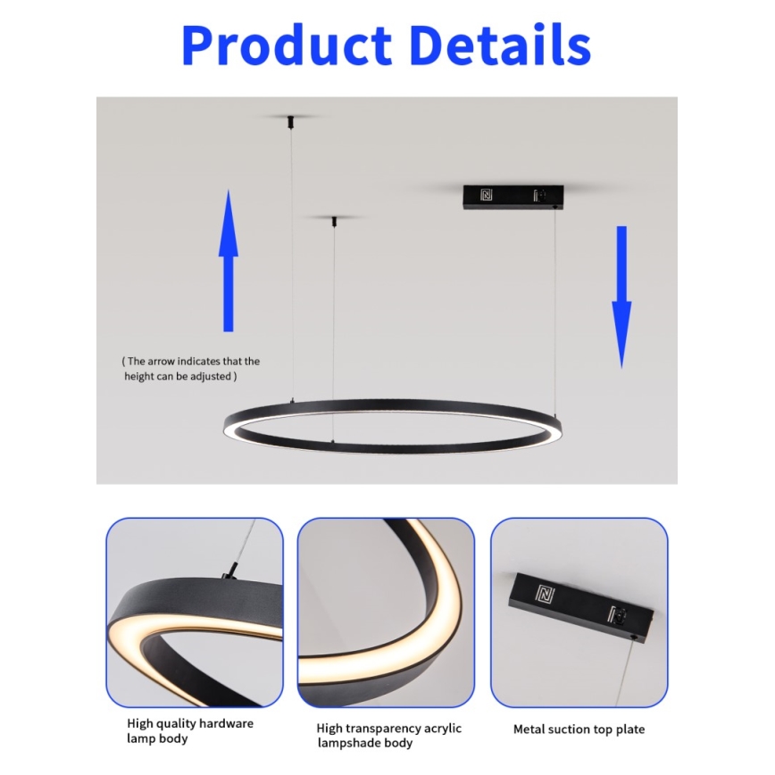 Immax NEO 07215L - LED ljusreglerad ljuskrona på textilsladd FINO LED/60W/230V 80 cm svart Tuya + fjärrkontroll