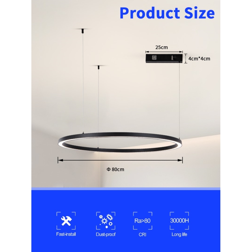 Immax NEO 07215L - LED ljusreglerad ljuskrona på textilsladd FINO LED/60W/230V 80 cm svart Tuya + fjärrkontroll