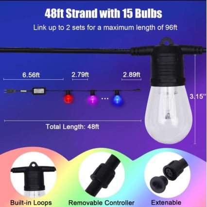LED RGB+CCT Ljusreglerad utomhus kedja KRANS 15xLED/1W/230V 15m Wi-Fi Tuya IP65 + fjärrkontroll