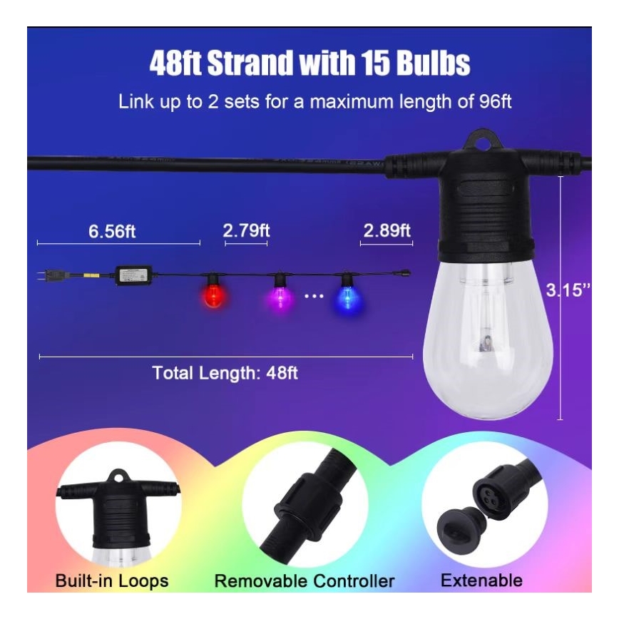 LED RGB+CCT Ljusreglerad utomhus kedja KRANS 15xLED/1W/230V 15m Wi-Fi Tuya IP65 + fjärrkontroll