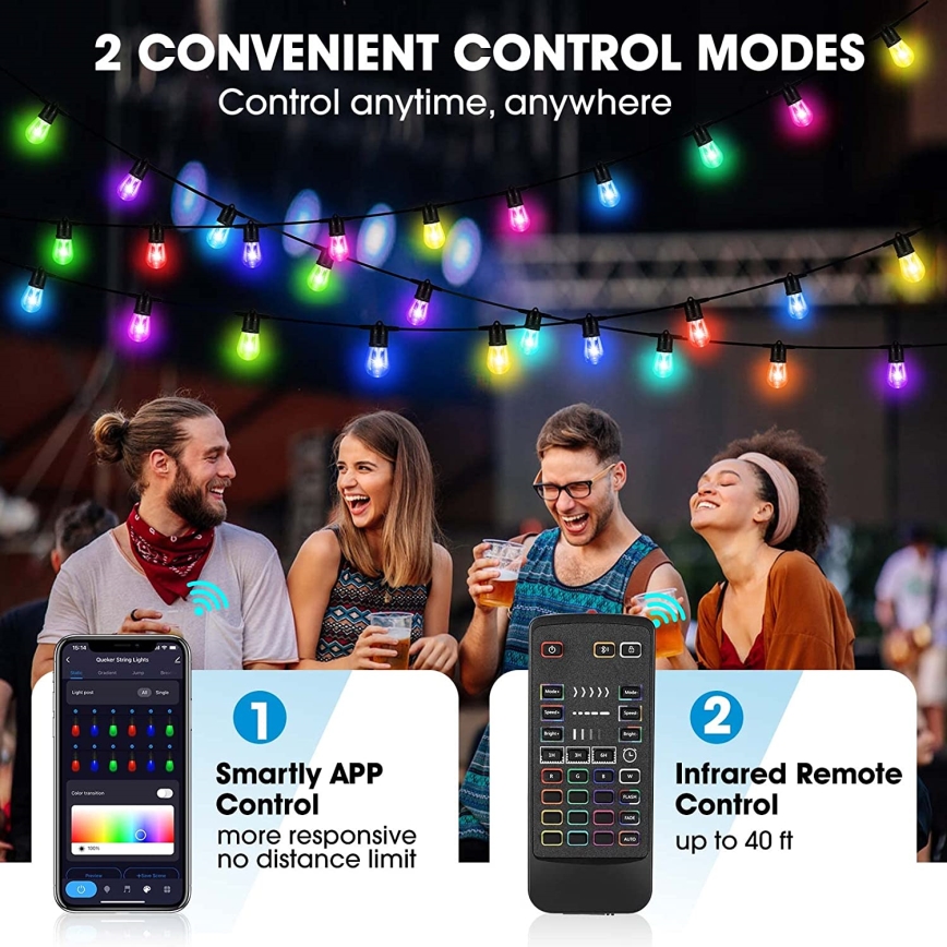 LED RGB+CCT Ljusreglerad utomhus kedja KRANS 15xLED/1W/230V 15m Wi-Fi Tuya IP65 + fjärrkontroll
