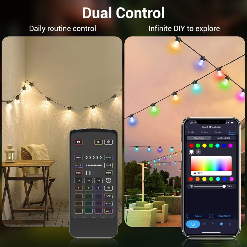 LED RGB+CCT Ljusreglerad utomhus kedja KRANS 15xLED/1W/230V 15m Wi-Fi Tuya IP65 + fjärrkontroll