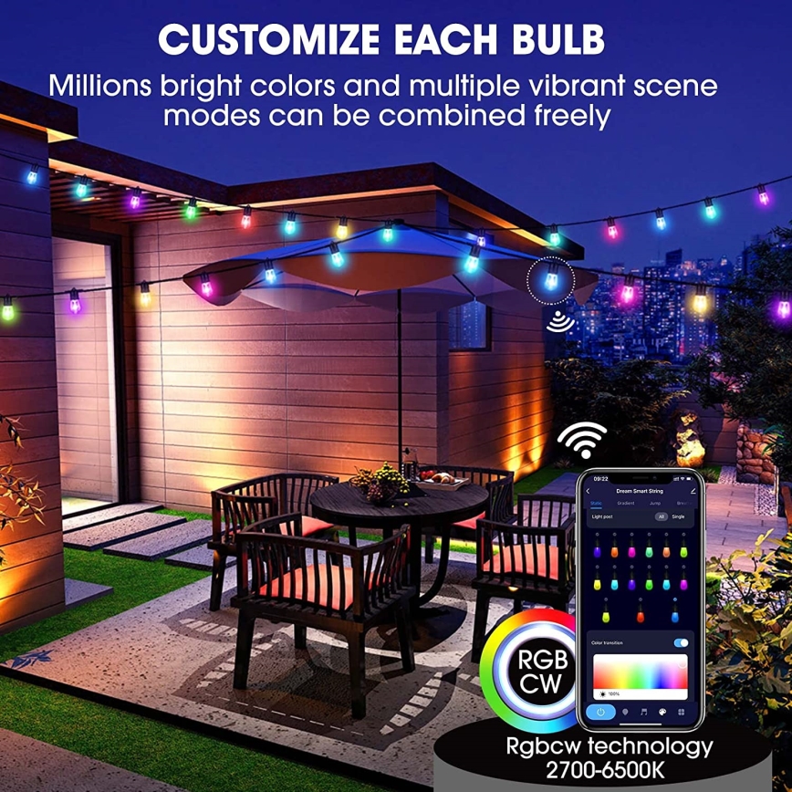 LED RGB+CCT Ljusreglerad utomhus kedja KRANS 15xLED/1W/230V 15m Wi-Fi Tuya IP65 + fjärrkontroll