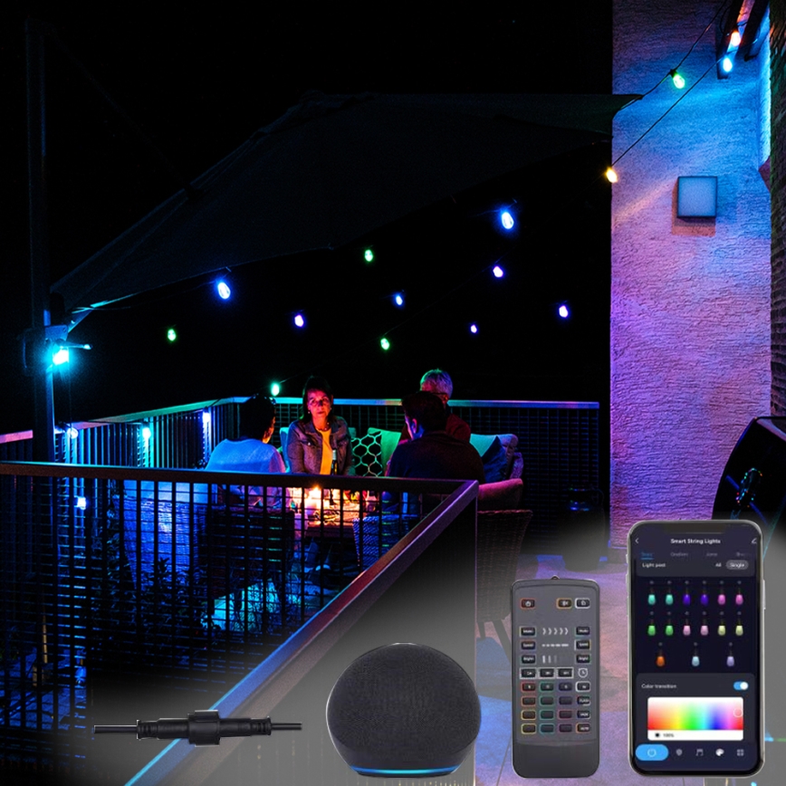LED RGB+CCT Ljusreglerad utomhus kedja KRANS 15xLED/1W/230V 15m Wi-Fi Tuya IP65 + fjärrkontroll