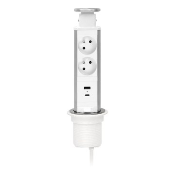 Infällbar uttagskolonn för bordsskiva — 2x230 V + USB-A + USB-C