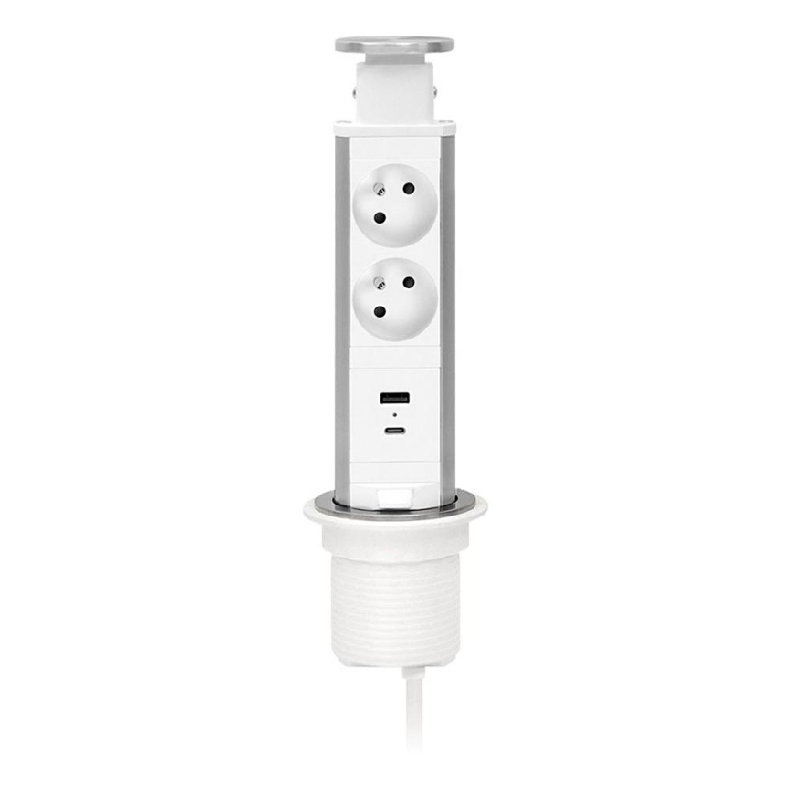 Infällbar uttagskolonn för bordsskiva — 2x230 V + USB-A + USB-C