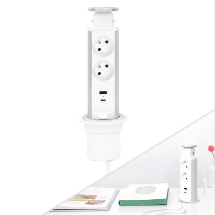 Infällbar uttagskolonn för bordsskiva — 2x230 V + USB-A + USB-C