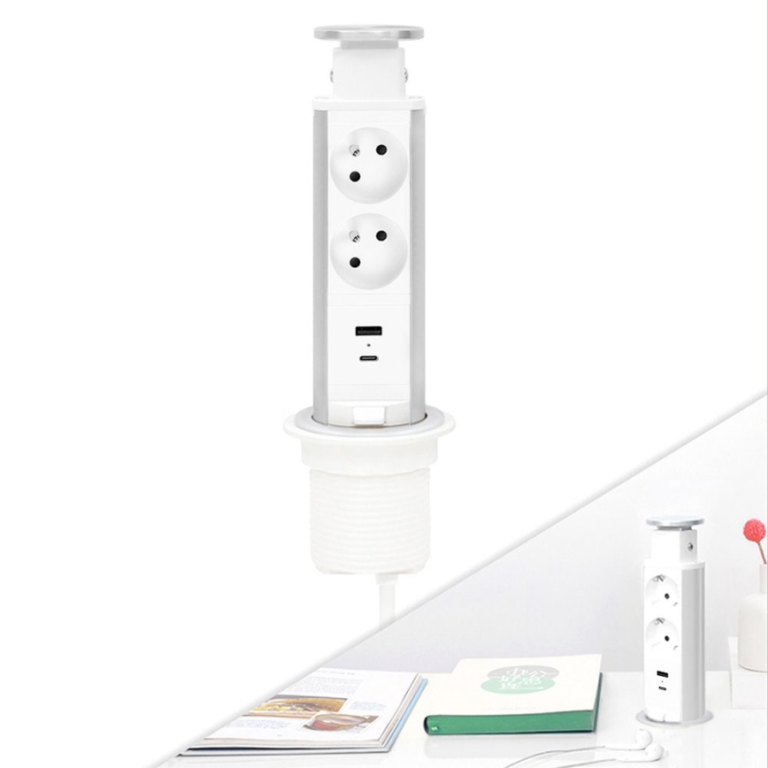 Infällbar uttagskolonn för bordsskiva — 2x230 V + USB-A + USB-C