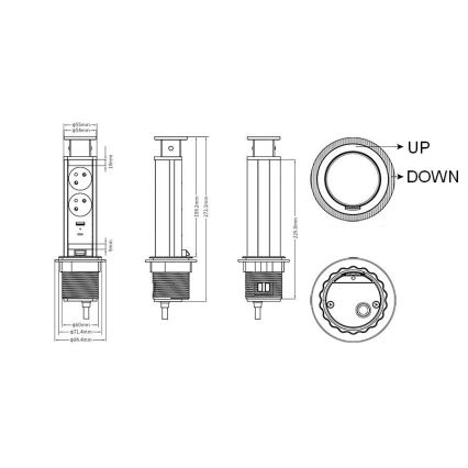 Infällbar uttagskolonn för bordsskiva — 2x230 V + USB-A + USB-C