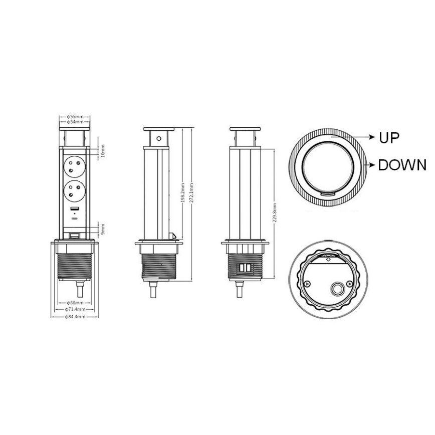 Infällbar uttagskolonn för bordsskiva — 2x230 V + USB-A + USB-C