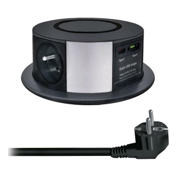 Infälld elstolpe för bordsskiva med trådlös Qi-laddning 3x230V + 1xUSB-A + 1xUSB-C svart/silver